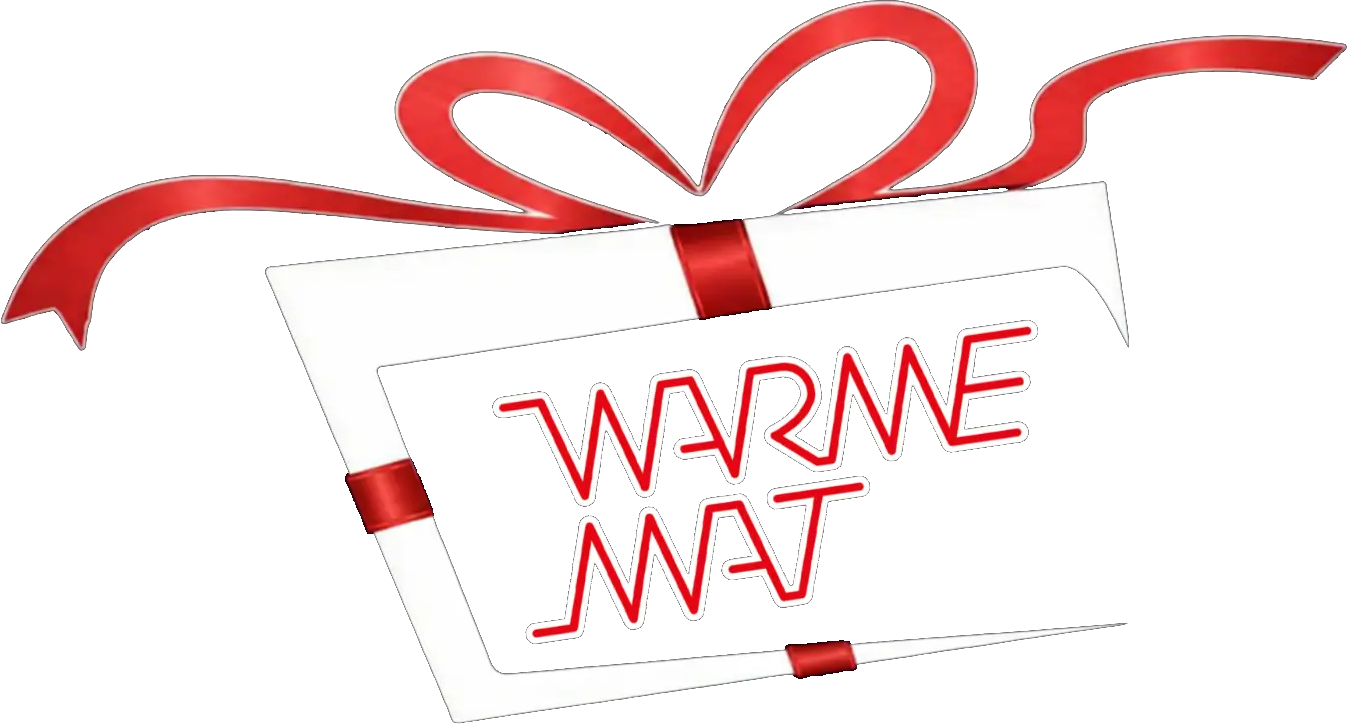 De WarmeMat-logo als cadeau met rode strik — verwarmde muismat als cadeau