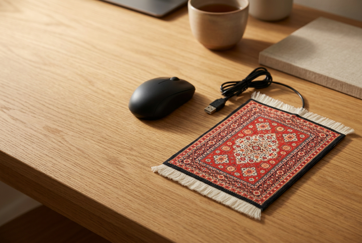 Verwarmde muismat met USB-aansluiting in Perzisch design op een sfeervol bureau